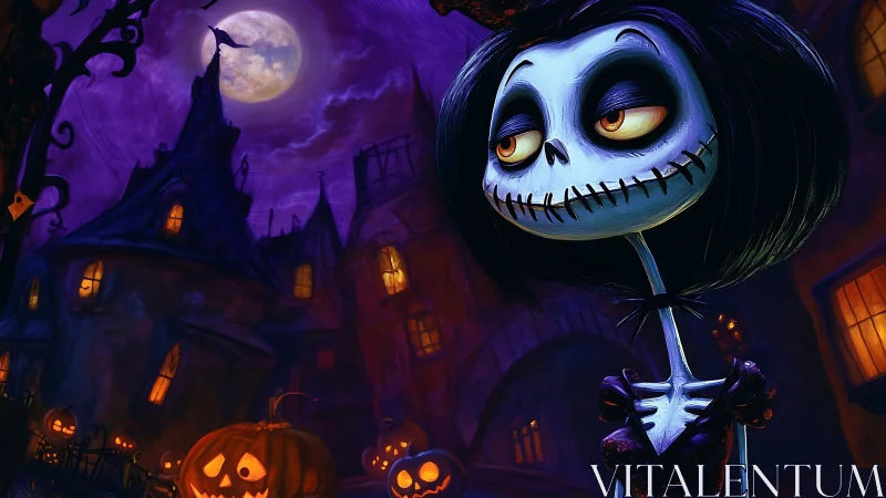 Moonlit skeleton girl slow-blinks through crooked Halloween town