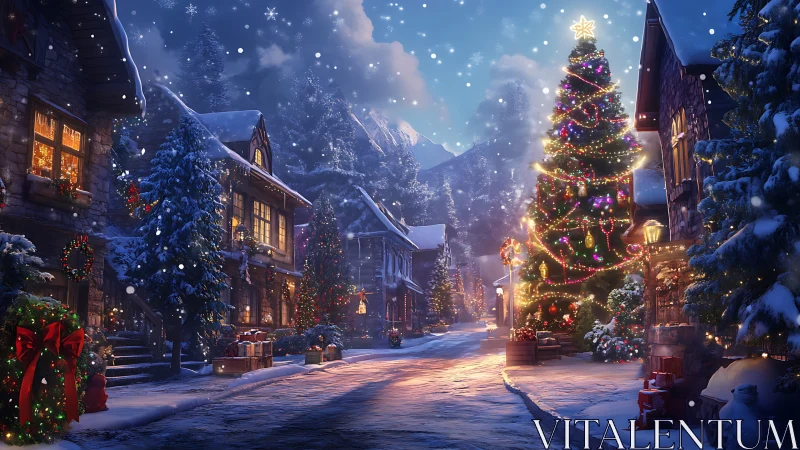 Snowy holiday village glows softly under a sparkling night sky