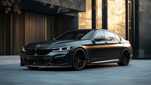 Sleek black luxury sedan glowing softly in evening light.