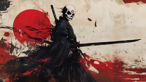 Skeletal samurai with katana framed by abstract rising sun