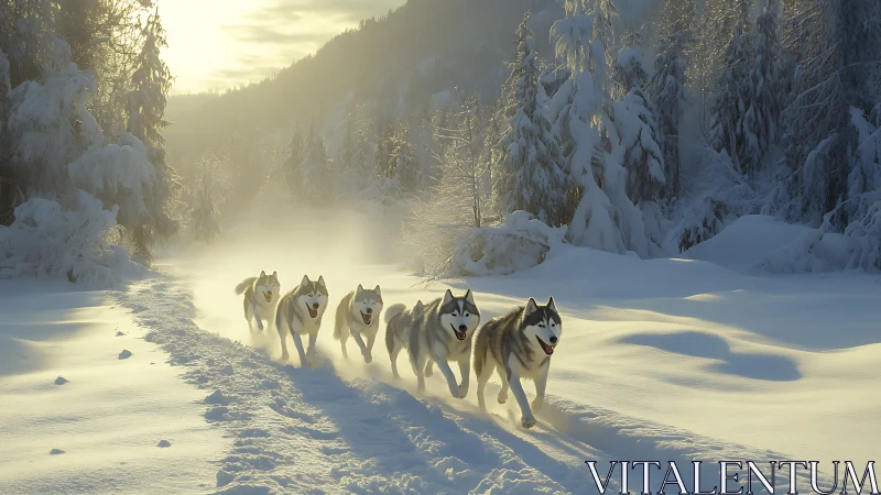 Sunlit huskies racing through a sparkling winter forest trail.