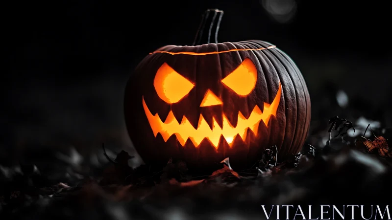 Glowing jack o’ lantern casts eerie light on fallen leaves