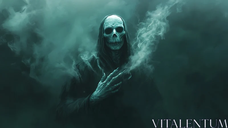 Hooded skeletal figure in smoke-filled monochrome environment.