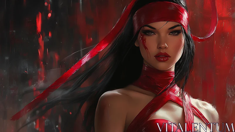 Female warrior in red wrappings faces viewer against abstract red
