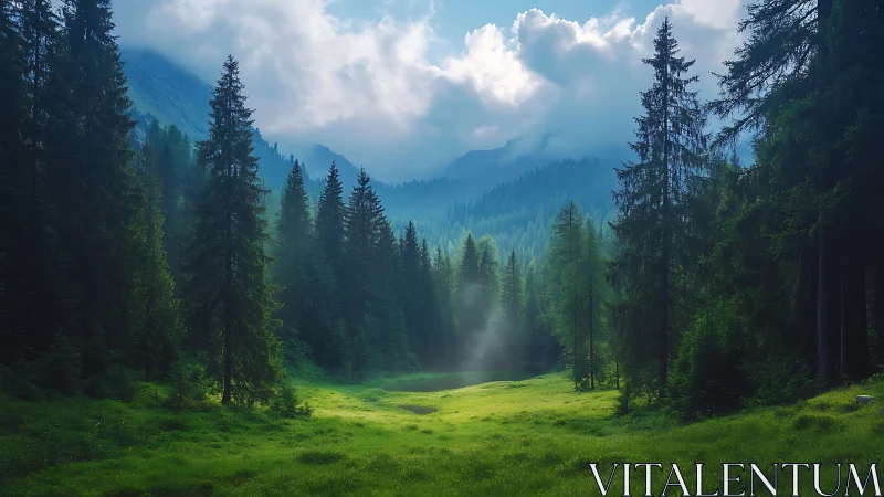 Alpine meadow framed by towering coniferous forest.