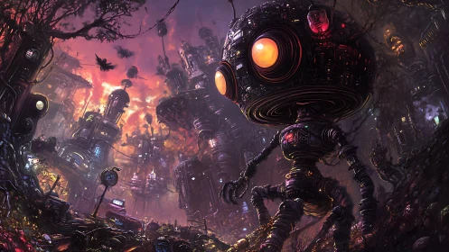 Gigantic orb-headed scout robot in dense neon cyber-slum