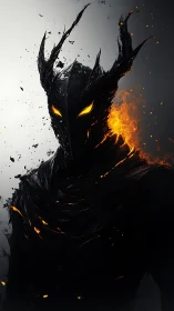 Dark horned figure with molten eyes and partial flame cloak.