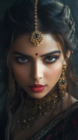 Ember-eyed muse crowned in antique gold and quiet fire.