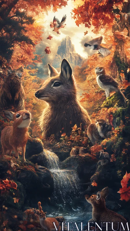 Autumn forest wildlife tableau with cascading stream and volumetric light