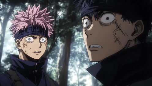 Battle-worn anime duo react in shock within a dark forest.