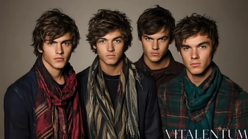 Four stylish young men share a calm, confident portrait