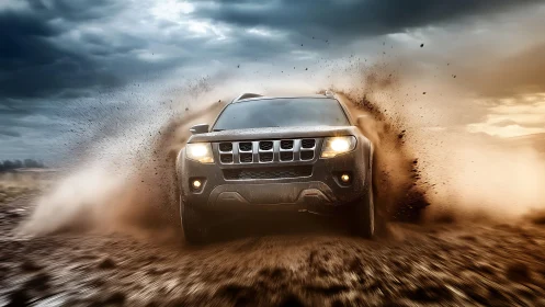 All-terrain sport utility vehicle cutting through dynamic mud spray.