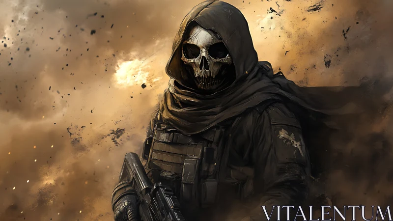 Tactical skull‑masked soldier emerging through blast haze.
