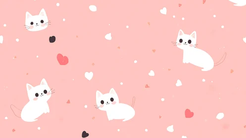 Minimalist Cat Pattern on Soft Pink Background with Heart Elements.