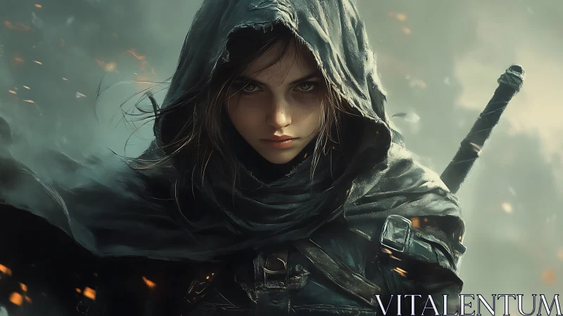 Hooded female warrior stares forward holding a sword