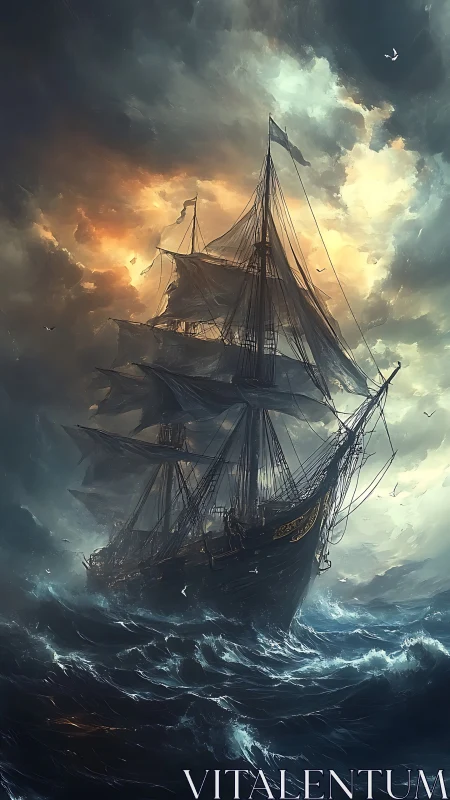 Storm-tossed tall ship cuts through dark, blazing skies at sea