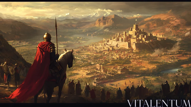 Armored cavalry observing fortified city across valley plain.