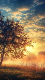 Tree and meadow illuminated by low sunrise through mist