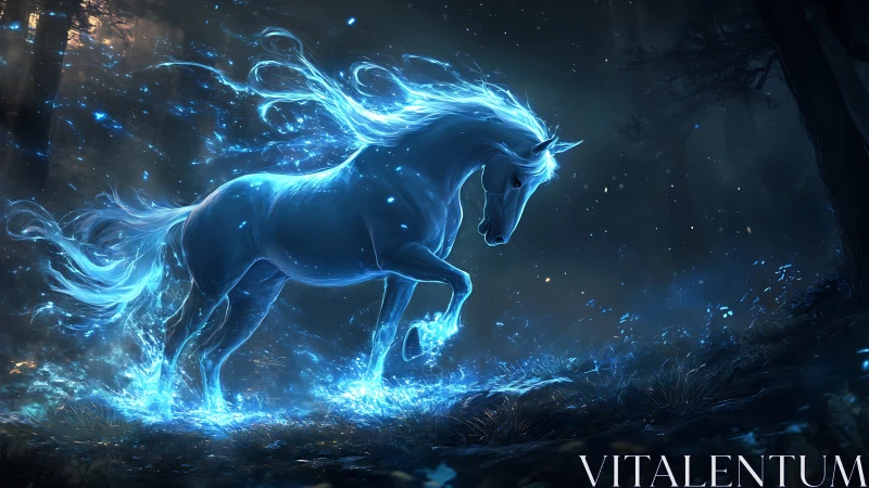 Luminous spirit horse charges through an enchanted moonlit forest