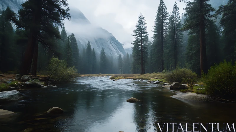Foggy conifer river valley with distant granite cliffs.