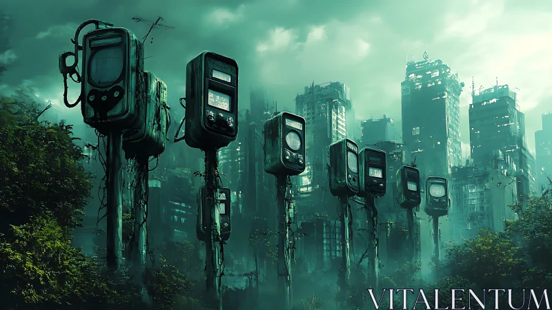 Silent monitors rise over a mist-drenched post-apocalyptic city