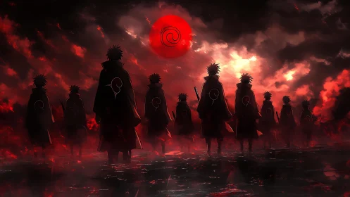 Crimson eclipse summons cloaked warriors through burning mist.