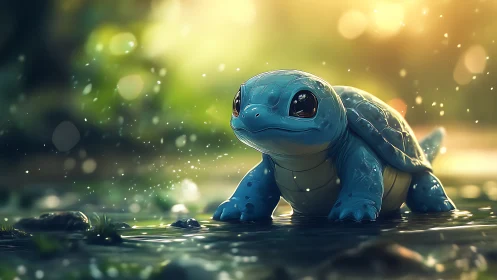 Blue turtle-like creature stands in shallow water at sunset