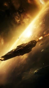 Golden starship convoy glides past a glowing alien world