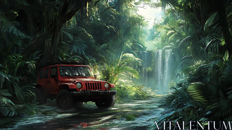 Red off-road jeep explores dense jungle waterfall trail.