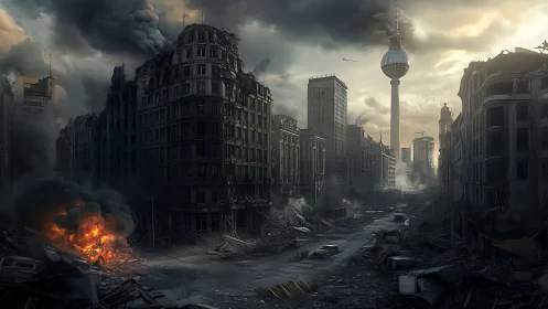 Post apocalyptic Berlin street in dense urban ruin.
