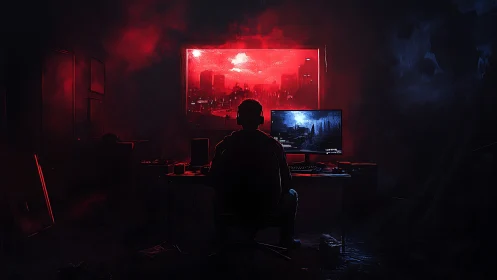 Solitary computer user faces red cityscape window at night