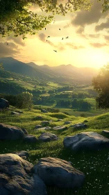 Sunlit valley landscape with green hills and rocky meadow.