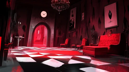 Red gothic hallway with checker floor and vintage seating.