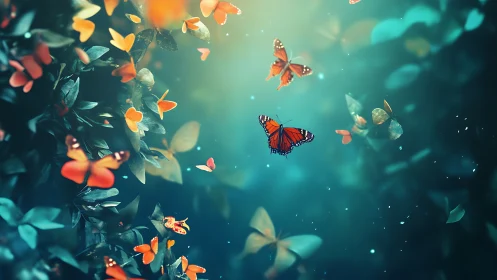 Monarch butterflies drift through teal forest light haze.