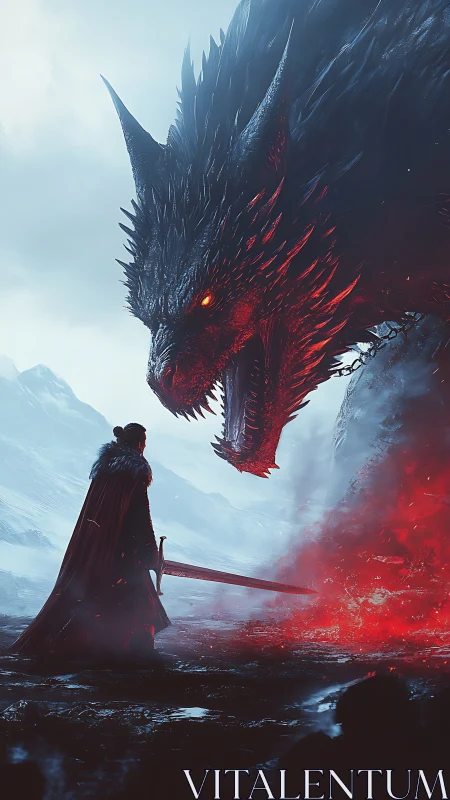 Fierce dragon meets lone hero in a blazing icy standoff