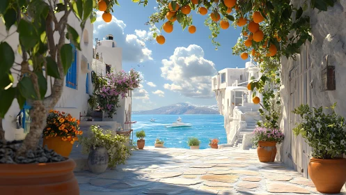Mediterranean alleyway with citrus canopy and marine horizon.