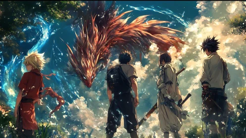 Skybound ember dragon greets four wandering anime warriors.