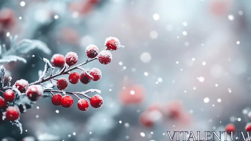 Frosted red berries in shallow-focus winter macro study