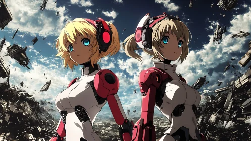 Twin android pilots stand defiant in a shattered sky battlefield