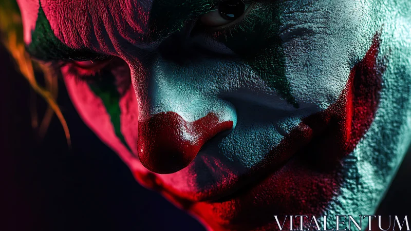 Photorealistic sinister clown close-up with cinematic lighting.
