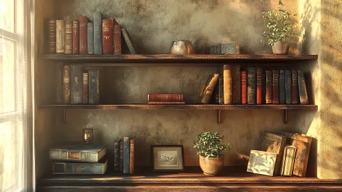 Sunlit library shelf quietly rehearses stories in warm dust