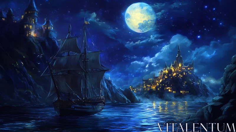 Moonlit Harbor: Sailing Ship and Illuminated Castles