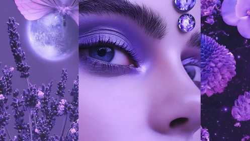 Violet dreamscape blends human gaze, moon and blossoms.
