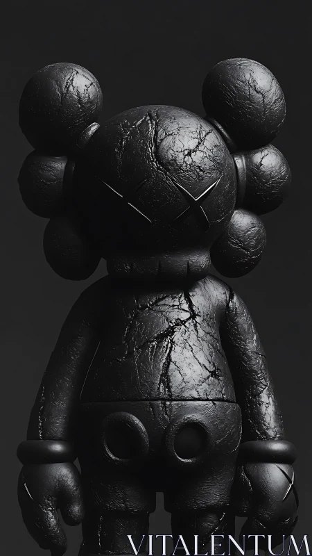 Matte black cracked vinyl figure under directional studio lighting