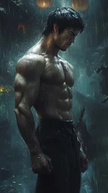 Rain-soaked warrior stands in meditative, silent resolve.