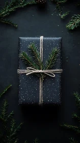 Minimalist holiday gift still life in dark flatlay composition.