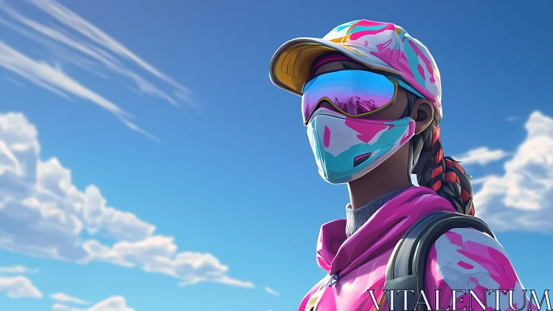 Skybound street rider in neon camo under cloud-bright heavens.