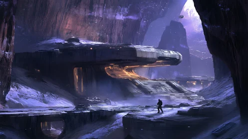 Frozen alien canyon with luminous sci fi landing platform.