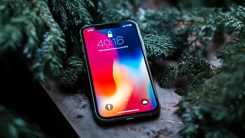 Modern Smartphone Displaying Vibrant Gradient Lock Screen in Natural Setting