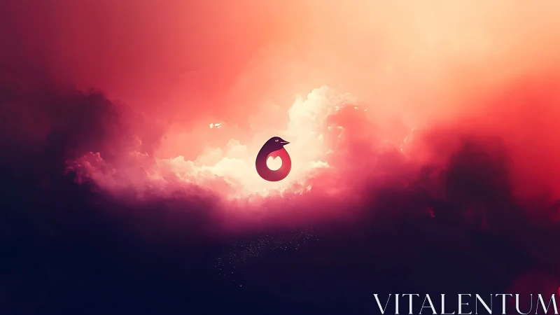 Minimal penguin emblem glows inside luminous scarlet clouds